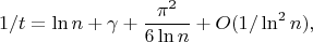 $$1/t=\ln n+\gamma+\frac{\pi^2}{6\ln n}+O(1/\ln^2n),$$