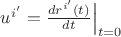 $u^{i'}=\frac{dr^{i'}(t)}{dt}\Big|_{t=0}$