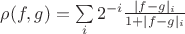 $\rho(f,g)=\sum\limits_i 2^{-i}\frac{|f-g|_i}{1+|f-g|_i}$