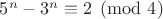 $5^n-3^n\equiv 2\pmod 4$