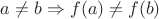 $a\neq b\Rightarrow f(a)\neq f(b)$