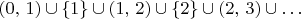 $\ensuremath{\left(0,\,1\right)\cup\left\{ 1\right\} \cup\left(1,\,2\right)\cup\left\{ 2\right\} \cup\left(2,\,3\right)\cup\ldots}$