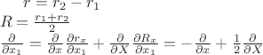 $
r=r_2-r_1\\
R=\frac{r_1+r_2}{2}\\
\frac{\partial}{\partial x_1}=\frac{\partial}{\partial x}\frac{\partial r_x}{\partial x_1}+\frac{\partial}{\partial X}\frac{\partial R_x}{\partial x_1}=-\frac{\partial}{\partial x}+\frac{1}{2}\frac{\partial}{\partial X}
$