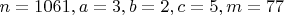 $n=1061,a=3,b=2,c=5,m=77$