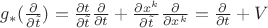 $g_*(\frac{\partial}{\partial \tilde t})=\frac{\partial t}{\partial \tilde t}\frac{\partial}{\partial t}+\frac{\partial x^k}{\partial \tilde t}\frac{\partial}{\partial x^k}=\frac{\partial}{\partial t}+V$