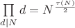 $\prod\limits_{d|N}d=N^{\frac{\tau (N)}{2}}$