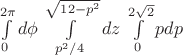 $\int\limits_{0}^{2\pi} d\phi$
$\int\limits_{p^2/4}^{\sqrt{12-p^2}} dz$
$\int\limits_{0}^{2\sqrt{2}} p dp$