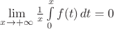 $\lim\limits_{x\to+\infty}\frac{1}{x}\int\limits_0^x f(t)\,dt=0$