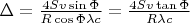$\Delta=\frac{4S v \sin\Phi}{R\cos\Phi\lambda c}=\frac{4Sv\tan\Phi}{R\lambda c}$