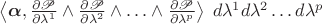 $\left\langle\boldsymbol{\alpha},\frac{\partial\mathscr P}{\partial\lambda^1}\wedge\frac{\partial\mathscr P}{\partial\lambda^2}\wedge\ldots\wedge\frac{\partial\mathscr P}{\partial\lambda^p}\right\rangle\; d\lambda^1d\lambda^2\ldots d\lambda^p$