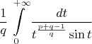 \[
\frac{1}
{q}\int\limits_0^{ + \infty } {\frac{{dt}}
{{t^{\frac{{p+q - 1}}
{{q }}} \sin t}}} 
\]