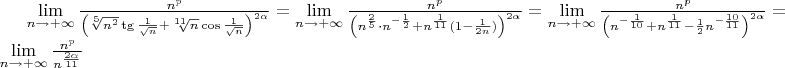 $ \lim\limits_{n \to +\infty} \frac{n^p}{\left(\sqrt[5]{n^2} \tg{\frac{1}{\sqrt{n}}} + \sqrt[11]{n} \cos{\frac{1}{\sqrt{n}}}\right)^{2\alpha}} = \lim\limits_{n \to +\infty} \frac{n^p}{\left(n^\frac{2}{5} \cdot n^{-\frac{1}{2}} + n^\frac{1}{11} (1 - \frac{1}{2n})\right)^{2\alpha} } = \lim\limits_{n \to +\infty} \frac{n^p}{\left(n^{-\frac{1}{10}} + n^\frac{1}{11} - {1 \over 2} n^{-\frac{10}{11}}\right)^{2\alpha} } = \lim\limits_{n \to +\infty} \frac{n^p}{n^\frac{2\alpha}{11} }$