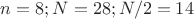 $n=8; N=28; N/2=14 $