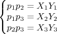 $\left\{\begin{matrix}
p_1p_2=X_1Y_1\\ 
p_1p_3=X_2Y_2\\ 
p_2p_3=X_3Y_3
\end{matrix}\right.$
