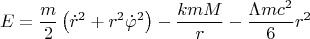 $$
E = \frac{m}{2} \left( \dot{r}^2 + r^2 \dot{\varphi}^2 \right) - \frac{k m M}{r} - \frac{\Lambda m  c^2}{6} r^2
$$