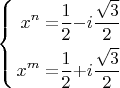 $\left\{ \begin{alignedat}{2}x^{n} &= & \dfrac{1}{2} & - & i\dfrac{\sqrt{3}}{2}\\
x^{m} & = & \dfrac{1}{2} & + & i\dfrac{\sqrt{3}}{2}
\end{alignedat}
\right.$
