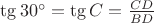 $\tg30^{\circ}=\tg C=\frac{CD}{BD}}$