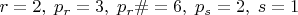 $r=2,\; p_r=3,\; p_r\#=6,\; p_s=2,\; s=1$