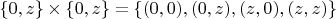 $$\{0,z\} \times \{0,z\} = \{(0,0),(0,z),(z,0),(z,z)\}$$