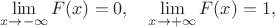 $$
\lim_{x\rightarrow -\infty}{F(x)} =0,\quad \lim_{x\rightarrow +\infty}{F(x)}=1,
$$
