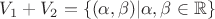 $V_1 + V_2 = \left\lbrace (\alpha, \beta) | \alpha, \beta \in \mathbb{R} \right\rbrace$