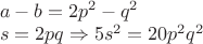 $\\a-b=2p^2-q^2\\
s=2pq \Rightarrow 5s^2=20p^2q^2$