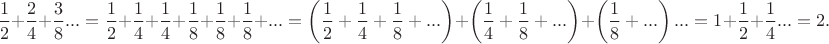 $$
\frac12+\frac24+\frac38...=\frac12+\frac14+\frac14+\frac18+\frac18+\frac18+...=\left( \frac12+\frac14+\frac18+...\right) +\left( \frac14+\frac18+...\right) + \left( \frac18+...\right)... = 1+\frac12+\frac14...=2.
$$