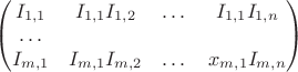 $
\begin{pmatrix}
I_{1,1} & I_{1,1}I_{1,2} & \dots & I_{1,1}I_{1,n}\\
\dots\\
I_{m,1} & I_{m,1}I_{m,2} & \dots & x_{m,1}I_{m,n}
\end{pmatrix}
$