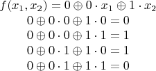 $$
\begin{array}{c}
f(x_1, x_2) = 0 \oplus 0 \cdot x_1 \oplus 1 \cdot x_2\\
0 \oplus 0 \cdot 0 \oplus 1 \cdot 0 = 0 \\
0 \oplus 0 \cdot 0 \oplus 1 \cdot 1 = 1 \\
0 \oplus 0 \cdot 1 \oplus 1 \cdot 0 = 1 \\
0 \oplus 0 \cdot 1 \oplus 1 \cdot 1 = 0 \\
\end{array} $$