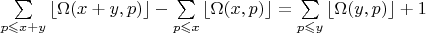 $\sum\limits_{p\leqslant x+y} \left\lfloor \Omega(x+y,p) \right\rfloor - \sum\limits_{p\leqslant x} \left\lfloor \Omega(x,p) \right\rfloor  =  \sum\limits_{p\leqslant y} \left\lfloor \Omega(y,p) \right\rfloor  + 1$