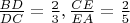 $\frac{BD}{DC}=\frac{2}{3}, \frac{CE}{EA}=\frac{2}{5}$