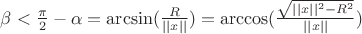 $\beta<\frac{\pi}{2}-\alpha=\arcsin(\frac{R}{||x||}})=\arccos(\frac{\sqrt{||x||^2-R^2}}{||x||})$