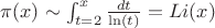 $\pi(x) \sim \int_{t=2}^x \frac {dt}{\ln(t)}=Li(x)$