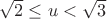 $\sqrt 2\le u<\sqrt 3$