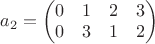 $a_{2}=\left(\begin{matrix}0 & 1 & 2 & 3\\0 & 3 & 1 & 2\end{matrix}\right)$