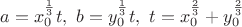 $a=x_0^{\frac{1}{3}}t,\  b=y_0^{\frac{1}{3}}t, \ t=x_0^{\frac{2}{3}}+y_0^{\frac{2}{3}}$