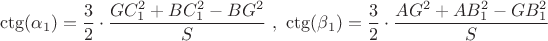 $$\ctg(\alpha_1)= \dfrac{3}{2}\cdot \dfrac{GC_1^2+BC_1^2-BG^2}{S}\  ,\   \ctg(\beta_1)= \dfrac{3}{2}\cdot \dfrac{AG^2+AB_1^2-GB_1^2}{S}$$