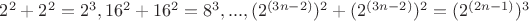 $2^2+2^2=2^3, 16^2+16^2=8^3, ...,(2^{(3n-2)})^2+(2^{(3n-2)})^2=(2^{(2n-1)})^3$