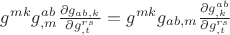 $g^{mk}g^{ab}_{,m}\frac{\partial g_{ab,k}}{\partial g^{rs}_{,t}}=g^{mk}g_{ab,m}\frac{\partial g^{ab}_{,k}}{\partial g^{rs}_{,t}}$