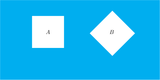 \begin{tikzpicture}
\fill[cyan] (0,0) rectangle (10,5);

\fill[white] (2,2) rectangle (4,4);
\node at (3,3) {$A$};

\begin{scope}[xshift=200,yshift=1.5cm]
\fill[white, rotate=45] (0,0) rectangle (2,2);
\end{scope}
\node at (7,3) {$B$};
\end{tikzpicture}