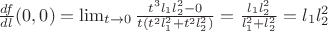$\frac{df}{dl}(0,0)=\lim_{t \to 0} \frac{t^3l_1l_2^2 - 0}{t(t^2l_1^2+t^2l_2^2)}= \frac{l_1l_2^2}{l_1^2+l_2^2}=l_1l_2^2$