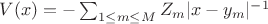 $V(x)= -\sum _{1\le m\le M} Z_m|x -y_m|^{-1}$