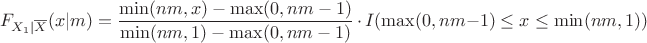 $$
F_{X_1\mid \overline X}(x|m) = \dfrac{\min(nm,x)-\max(0,nm-1)}{\min(nm,1)-\max(0,nm-1)}\,\cdot\, I(\max(0,nm-1)\leq x\leq \min(nm,1))
$$