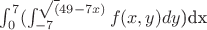 $\int_{0}^{7}(\int_{-7}^{\sqrt(49-7x)}f(x,y)dy\))dx$