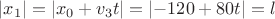 $$\left\lvert x_1 \right\rvert = \left\lvert {x_0 + v_3 t} \right\rvert = \left\lvert {-120 + 80t} \right\rvert = l $$