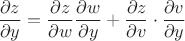 $\dfrac{\partial z}{\partial y}=\dfrac{\partial z}{\partial w}\dfrac{\partial w}{\partial y}+\dfrac{\partial z}{\partial v}\cdot \dfrac{\partial v}{\partial y}$