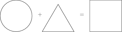 \begin{equation*}
\begin{tikzpicture}\draw (0,0) circle (1);
\end{tikzpicture}
\quad\raisebox{1cm}{+}
\begin{tikzpicture}
\draw (0,0)--(2,0)--(1,1.73205080756888)--(0,0);
\end{tikzpicture}
\quad \raisebox{1cm}{=}\quad
\begin{tikzpicture}
\draw (0,0) rectangle (2,2);
\end{tikzpicture}
\end{equation*}