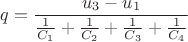 $$q=\dfrac {u_3-u_1}{\frac 1{C_1}+\frac 1{C_2}+\frac 1{C_3}+\frac 1{C_4}}$$