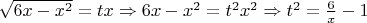 $\[\sqrt {6x - {x^2}}  = tx \Rightarrow 6x - {x^2} = {t^2}{x^2} \Rightarrow {t^2} = \frac{6}{x} - 1\]$