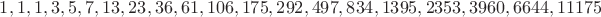 $1, 1, 1, 3, 5, 7, 13, 23, 36, 61, 106, 175, 292, 497, 834, 1395, 2353, 3960, 6644, 11175$